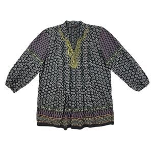 Style & Co. Blouse Womens 6 Black Floral Boho Cotton Gold Embellished V-Neck